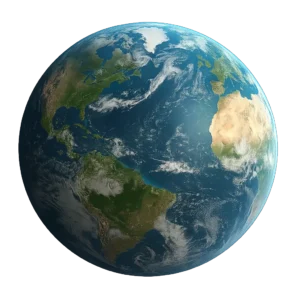 Semi-realistic Earth from space with blue oceans, continents, and clouds on transparent background