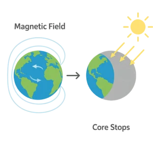 Illustration showing Earth’s magnetic field with a moving core on the left and a stopped core with weakened magnetic field and solar radiation on the right