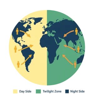 Map showing day side, night side, and twilight zone with orange arrows representing human migration towards the twilight zone after Earth stops rotating