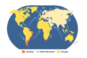 Flat world map showing water movement toward the poles with blue arrows, flooded coastal regions in red, and drought-affected areas in yellow after Earth stops rotating